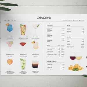 Szablony menu barowego, koktajlowego, rysowane ręcznie menu napojów, menu restauracji do druku, edytowalne menu, autorskie drinki, cyfrowe menu żywności