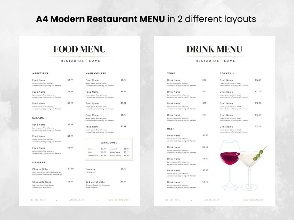 A4 Restaurant Menu Templates: Simple Food & Drink Menu (digital ...