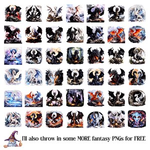 May include: Collection of fantasy PNG images featuring various dragons in different poses and colors. Dragons are depicted with wings, claws, and scales, set against backgrounds of fire, clouds, and landscapes. Text: "I'll also throw in some MORE fantasy PNGs for FREE".