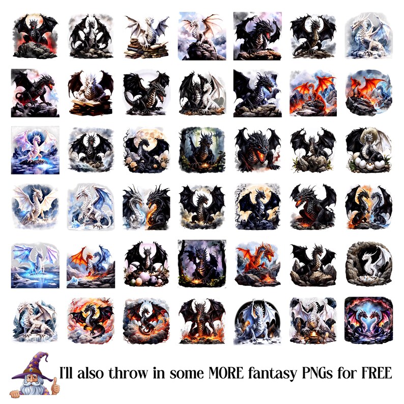 May include: Collection of fantasy PNG images featuring various dragons in different poses and colors. Dragons are depicted with wings, claws, and scales, set against backgrounds of fire, clouds, and landscapes. Text: "I'll also throw in some MORE fantasy PNGs for FREE".