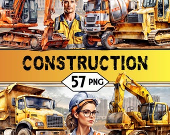 Construction PNG Clipart Bundle • Working Digger Truck Crane Scrapbook Graphics for POD, Sublimation, Junk Journal • Engineer jpeg SVG