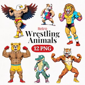 Animales de lucha libre retro PNG SVG Clipart • Gráficos de animales de dibujos animados para POD, sublimación, diseños • Paquete de gráficos de lucha libre • PalmDigitals