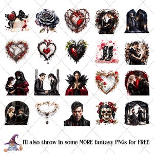 May include: A collection of fantasy-themed PNG images featuring gothic romance elements. The images include hearts, roses, couples, and skulls. The color palette is primarily black, red, and white, with watercolor effects.