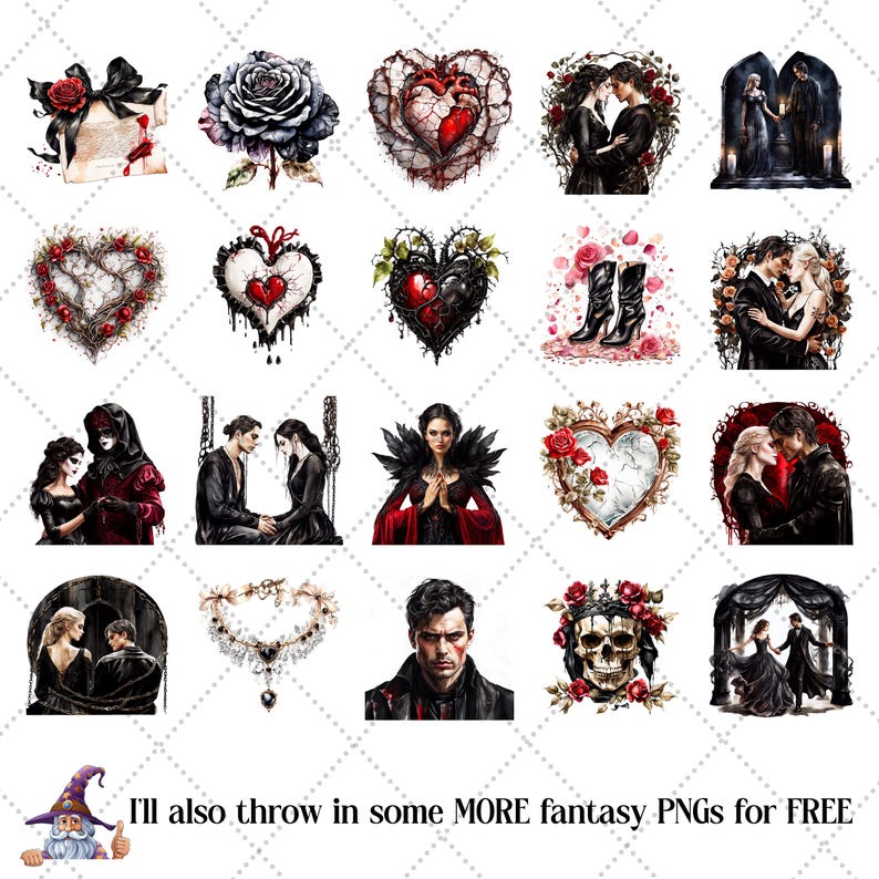 May include: A collection of fantasy-themed PNG images featuring gothic romance elements. The images include hearts, roses, couples, and skulls. The color palette is primarily black, red, and white, with watercolor effects.