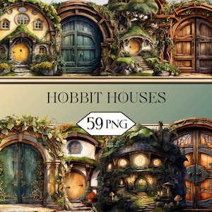 Hobbit Houses PNG Clipart Bundle • Cottagecore Fantasy Cottage Scrapbook Graphics for POD, Sublimation, Junk Journal • Mystical jpeg SVG