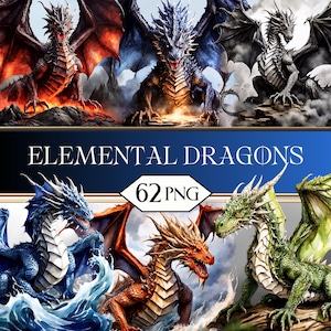 May include: Digital art featuring six fantasy dragons in various colors, including red, blue, and green. The image includes the text "ELEMENTAL DRAGONS" and "62 PNG". The dragons are depicted with detailed scales and wings, set against a fantasy backdrop.