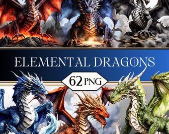 Elemental Dragons PNG Clipart Bundle • Fire Water Earth Dragon Age Scrapbook Graphics for POD, Sublimation, Junk Journal • jpeg SVG