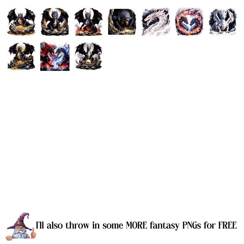 May include: A collection of fantasy-themed PNG images featuring various dragons in different colors and poses. The dragons have detailed wings, scales, and expressions. The images are set against a white background. Text at the bottom reads: "I'll also throw in some MORE fantasy PNGs for FREE."
