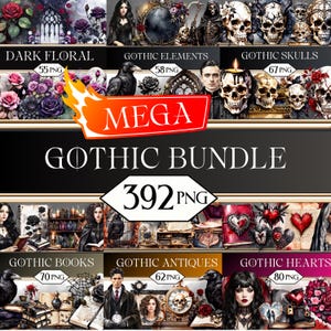 MEGA Gothic PNG-clipartbundel • Dark Romance Skulls Floral Scrapbook-graphics voor POD, sublimatie, junk Journal • Leesgrage jpeg-svg