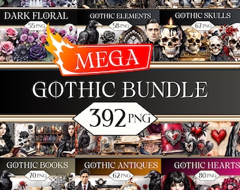 Puede incluir: Un paquete de arte digital con temática gótica. La imagen presenta varios elementos góticos, incluyendo calaveras, arreglos florales y objetos antiguos. El texto incluye "DARK FLORAL", "GOTHIC ELEMENTS", "GOTHIC SKULLS", "MEGA", "GOTHIC BUNDLE", "GOTHIC BOOKS", "GOTHIC ANTIQUES" y "GOTHIC HEARTS".
