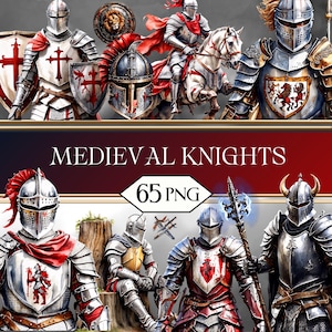 May include: An image featuring illustrations of medieval knights in full armor. The knights are depicted with helmets, shields, and various weapons. The image includes the text "MEDIEVAL KNIGHTS" and "65 PNG". The color palette includes silver, red, and gold.
