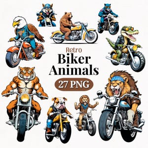 Retro Motorcycle Animals PNG SVG Clipart • Cartoon Animal Graphics for POD, Sublimation, Designs • Biker Graphics Bundle • PalmDigitals