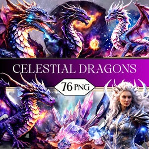 Himmelska drakar PNG Clipart-paket • Galax Mystisk måne Dragon Age Scrapbook-grafik för POD, Sublimering, Junk Journal • jpeg SVG