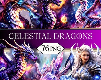 Celestial Dragons PNG Clipart Bundle • Galaxy Mystical Moon Dragon Age Scrapbook Graphics for POD, Sublimation, Junk Journal • jpeg SVG
