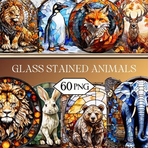 May include: A collection of stained glass animal designs, including a lion, penguin, fox, and deer. The image features the text "GLASS STAINED ANIMALS" and "60 PNG". The animals are depicted in vibrant colors and intricate detail, suitable for various creative projects.