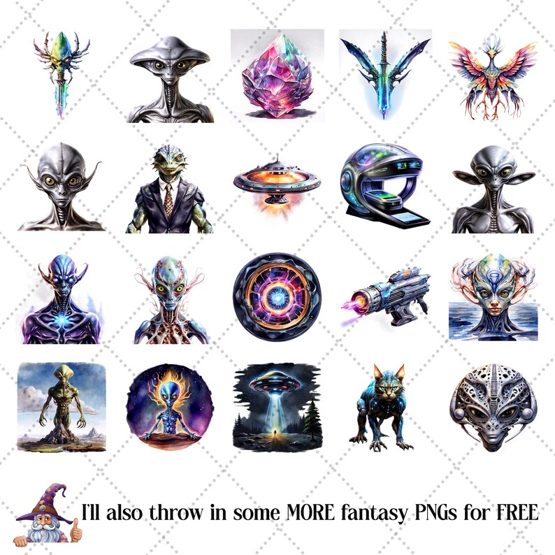 May include: A collection of fantasy-themed digital art images featuring aliens, spaceships, and mystical creatures. The images are in a watercolor style, with vibrant colors and intricate details. Includes a wizard and the text "I'll also throw in some MORE fantasy PNGs for FREE".