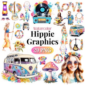 ヒッピー PNG SVG クリップアート • POD、昇華、デザイン用のヒッピー スクラップブック グラフィック • 70 年代 80 年代 平和ヒッピー フェスティバル jpeg バンドル • PalmDigitals