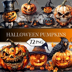 Könnte beinhalten: Eine Sammlung von Halloween-Kürbis-Illustrationen. Die Kürbisse sind mit verschiedenen gruseligen Gesichtern geschnitzt und in Orange-, Schwarz- und Grautönen gehalten. Der Text "HALLOWEEN PUMPKINS" und "72 PNG" ist ebenfalls sichtbar.