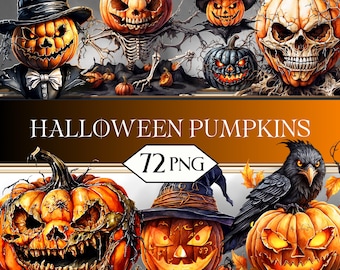 Halloween Pumpkins PNG Clipart Bundle • Gothic Halloween Scrapbook Graphics for POD, Sublimation, Junk Journal • Horror Images jpeg SVG