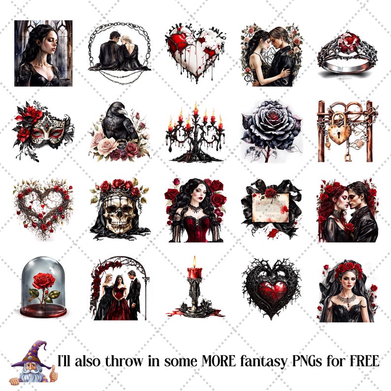 May include: A collection of fantasy-themed digital PNG images featuring gothic and romantic elements. Includes images of couples, roses, skulls, hearts, masks, and a raven. The text in the image reads: "I'll also throw in some MORE fantasy PNGs for FREE."