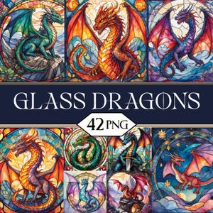Pode incluir: Uma coleção de ilustrações de dragões em vitrais em várias cores, incluindo verde, vermelho, roxo e azul. O texto "GLASS DRAGONS" e "42 PNG" é exibido em um fundo azul escuro.