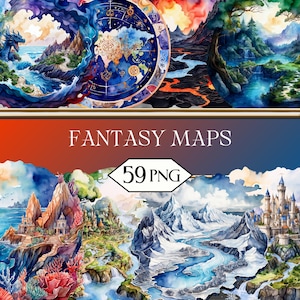 May include: Watercolor fantasy maps with detailed landscapes, including mountains, rivers, and castles. The image features a variety of colorful scenes, with the text "FANTASY MAPS" and "59 PNG" displayed prominently.