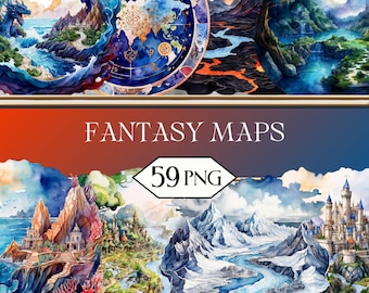 May include: Watercolor fantasy maps with detailed landscapes, including mountains, rivers, and castles. The image features a variety of colorful scenes, with the text "FANTASY MAPS" and "59 PNG" displayed prominently.