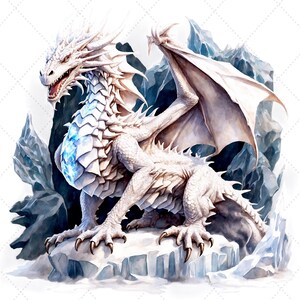 May include: A white dragon illustration with a detailed, scaled body, large wings, and sharp claws. The dragon is perched on a snowy surface, with icy blue mountains in the background. A glowing blue gem is on its chest.