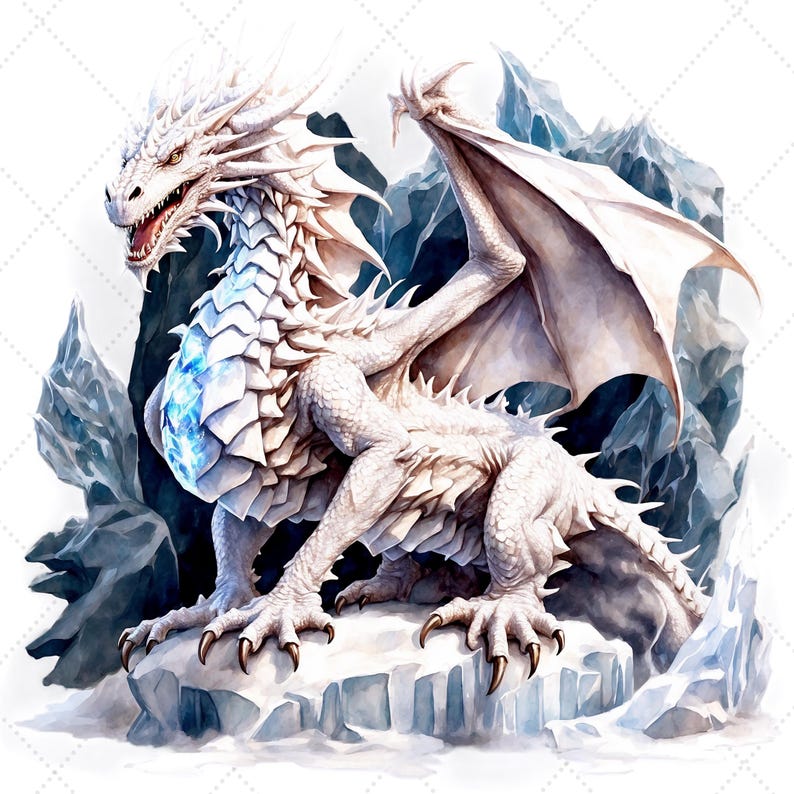 May include: A white dragon illustration with a detailed, scaled body, large wings, and sharp claws. The dragon is perched on a snowy surface, with icy blue mountains in the background. A glowing blue gem is on its chest.