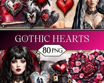 Gothic Hearts PNG Clipart Bundle • Black Heart Fantasy Scrapbook Graphics for POD, Sublimation, Junk Journal • Dark Romance jpeg SVG Images