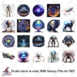 May include: A collection of fantasy-themed digital art images. The images include aliens, spaceships, and cosmic orbs in vibrant colors. The text "I'll also throw in some MORE fantasy PNGs for FREE" is at the bottom.