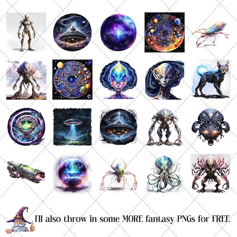 May include: A collection of fantasy-themed digital art images. The images include aliens, spaceships, and cosmic orbs in vibrant colors. The text "I'll also throw in some MORE fantasy PNGs for FREE" is at the bottom.