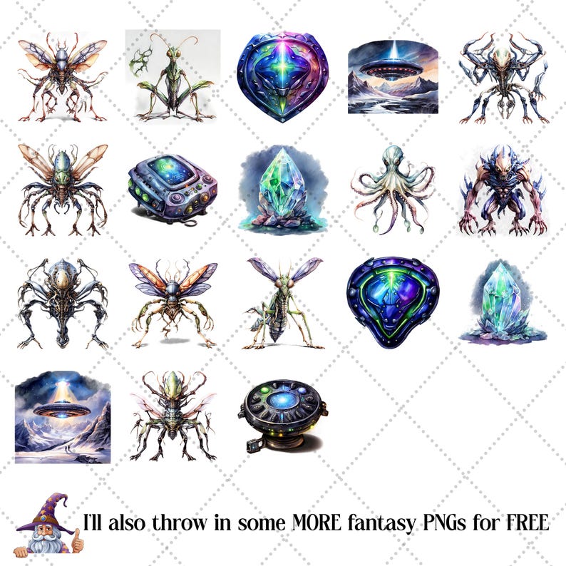 May include: A collection of fantasy-themed digital art images. The images include various alien creatures, crystals, shields, and a UFO over a snowy landscape. The text at the bottom reads, "I'll also throw in some MORE fantasy PNGs for FREE."