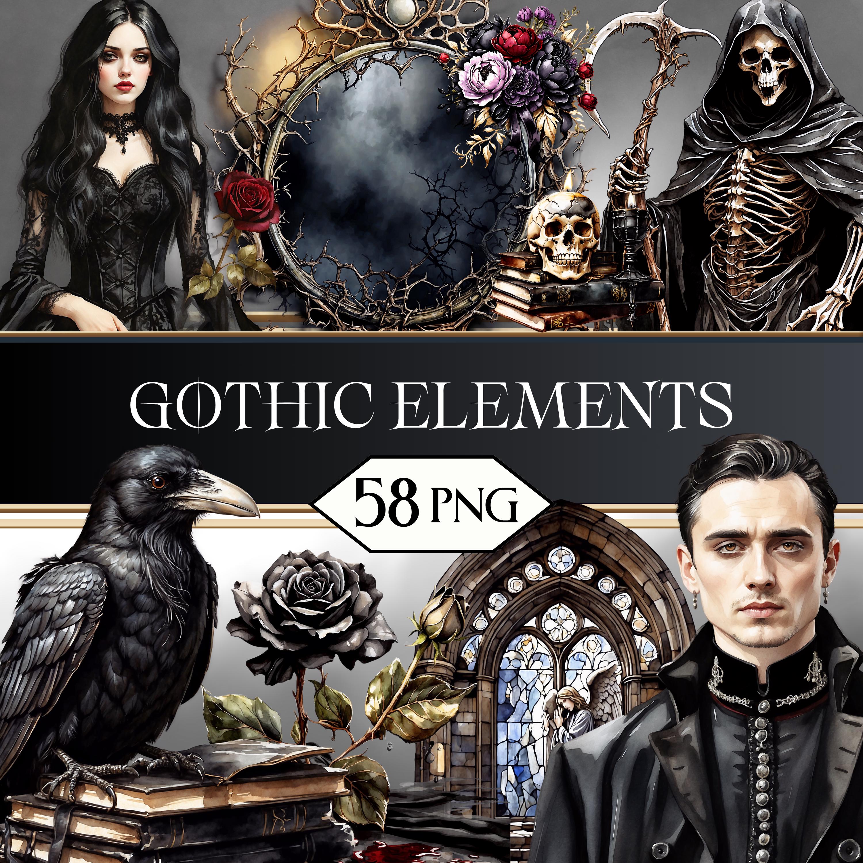Gothic PNG Clipart Bundle • Witchy Dark Romance Fantasy Scrapbook Graphics for POD, Sublimation, Junk Journal • Halloween Graphics jpeg SVG