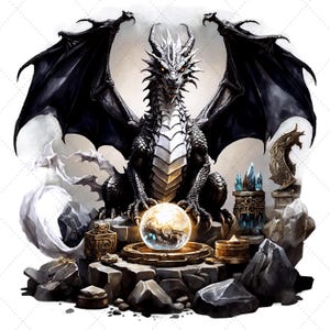 May include: A detailed illustration of a dragon with black wings, silver scales, and red eyes. The dragon sits atop a rocky platform, guarding a glowing orb. Additional fantasy elements include crystals, statues, and decorative containers.