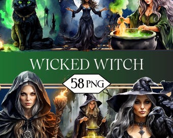 Dark Witch PNG Clipart Bundle • Magical Witchy Fantasy Scrapbook Graphics for POD, Sublimation, Junk Journal • Halloween Graphics jpeg SVG