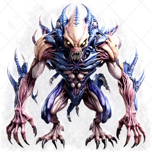May include: A detailed digital illustration of a monstrous creature. The creature has a pale, elongated head with glowing yellow eyes and sharp teeth. Its body is a mix of blue, pink, and tan, with sharp claws and a menacing posture.