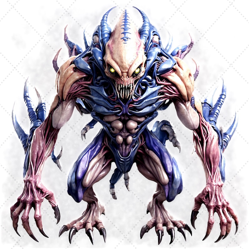 May include: A detailed digital illustration of a monstrous creature. The creature has a pale, elongated head with glowing yellow eyes and sharp teeth. Its body is a mix of blue, pink, and tan, with sharp claws and a menacing posture.