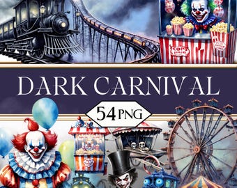 Dark Haunted Carnival PNG Clipart Bundle • Scary Circus Scrapbook Graphics for POD, Sublimation, Halloween Designs • Clown jpeg Bundle