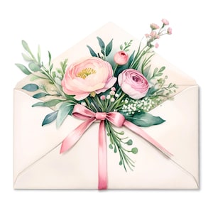 12 imágenes prediseñadas de letras florales PNG • Gráficos de álbumes de recortes de invitaciones de boda para POD, sublimación, creación de tarjetas • Paquete de sobres jpeg • PalmDigitals
