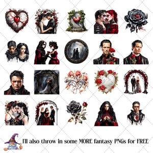 May include: A collection of fantasy-themed PNG images featuring gothic couples, roses, hearts, and other romantic elements. The images are in a watercolor style with dark, moody colors. Text in the image reads: "I'll also throw in some MORE fantasy PNGs for FREE."