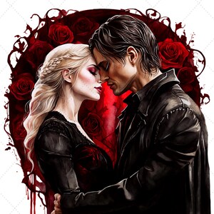 May include: Digital illustration of a couple embracing, set against a backdrop of red roses and dark red accents. The woman has blonde hair and wears a black dress. The man wears a black jacket. The overall theme is romance.
