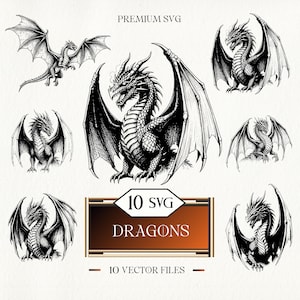 Puede incluir: Ilustraciones en blanco y negro de dragones en varias poses, con alas extendidas y escamas detalladas. La imagen incluye el texto "PREMIUM SVG", "10 SVG DRAGONS" y "10 VECTOR FILES". Tema de fantasía.