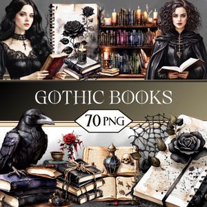 Gothic Bücher PNG Clipart Bundle • Dark Academia Fantasy Scrapbook Grafiken für POD, Sublimation, Junk Journal • Bücherwurm Romanze jpeg SVG