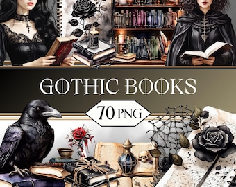 Gothic Books PNG Clipart Bundle • Dark Academia Fantasy Scrapbook Graphics for POD, Sublimation, Junk Journal • Bookish Romance jpeg SVG