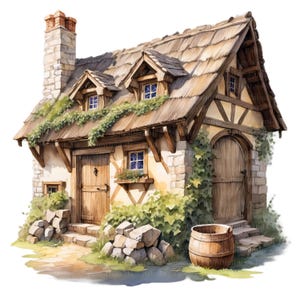 12 Mittelalterliches Cottage PNG Clipart • Stein Cottage Scrapbook Grafiken für POD, Sublimation, Kartenherstellung • Fantasy jpeg Bundle • PalmDigitals