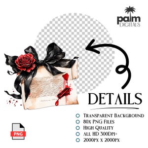 May include: Watercolor illustration of a scroll tied with a black ribbon and a red rose. The scroll has text and blood-like splatters. The word "DETAILS" is written in black. The image also includes the text "TRANSPARENT BACKGROUND, 80X PNG FILES, HIGH QUALITY, ALL HD 300DPI+, 2000PX X 2000PX".