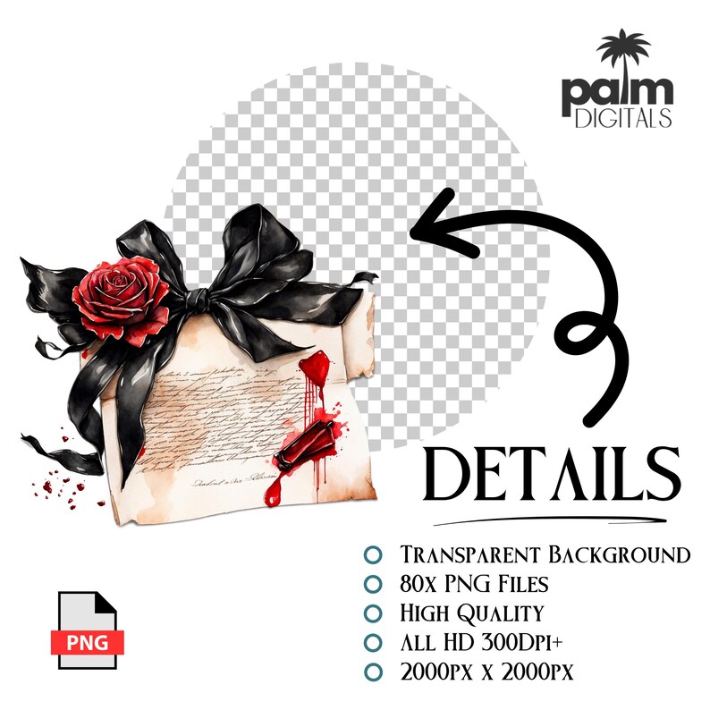 May include: Watercolor illustration of a scroll tied with a black ribbon and a red rose. The scroll has text and blood-like splatters. The word "DETAILS" is written in black. The image also includes the text "TRANSPARENT BACKGROUND, 80X PNG FILES, HIGH QUALITY, ALL HD 300DPI+, 2000PX X 2000PX".