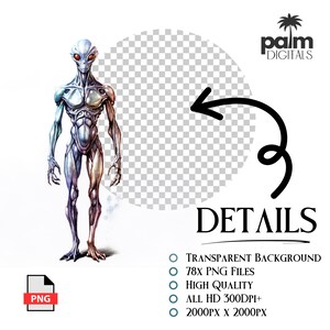 May include: A digital illustration of an alien with a slender physique, gray skin, and large black eyes. The alien is standing in front of a transparent background. The image includes the text "DETAILS" and information about the file format and resolution.