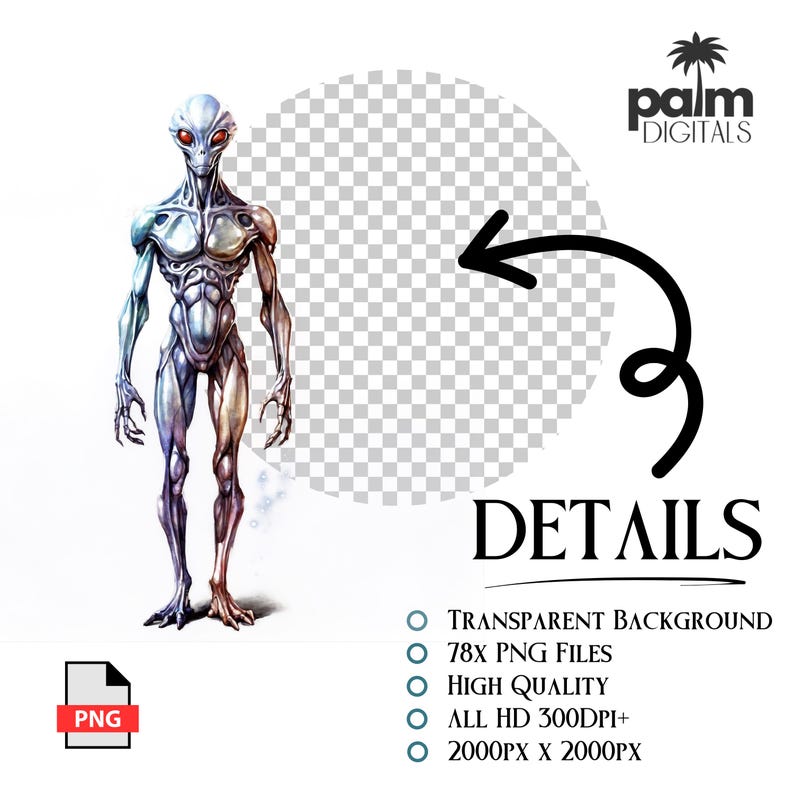 May include: A digital illustration of an alien with a slender physique, gray skin, and large black eyes. The alien is standing in front of a transparent background. The image includes the text "DETAILS" and information about the file format and resolution.